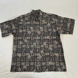 Tori Richard Hawaiian Shirt 100% Cotton Black Tan Tribal Lawn Aloha Shirt Size L
